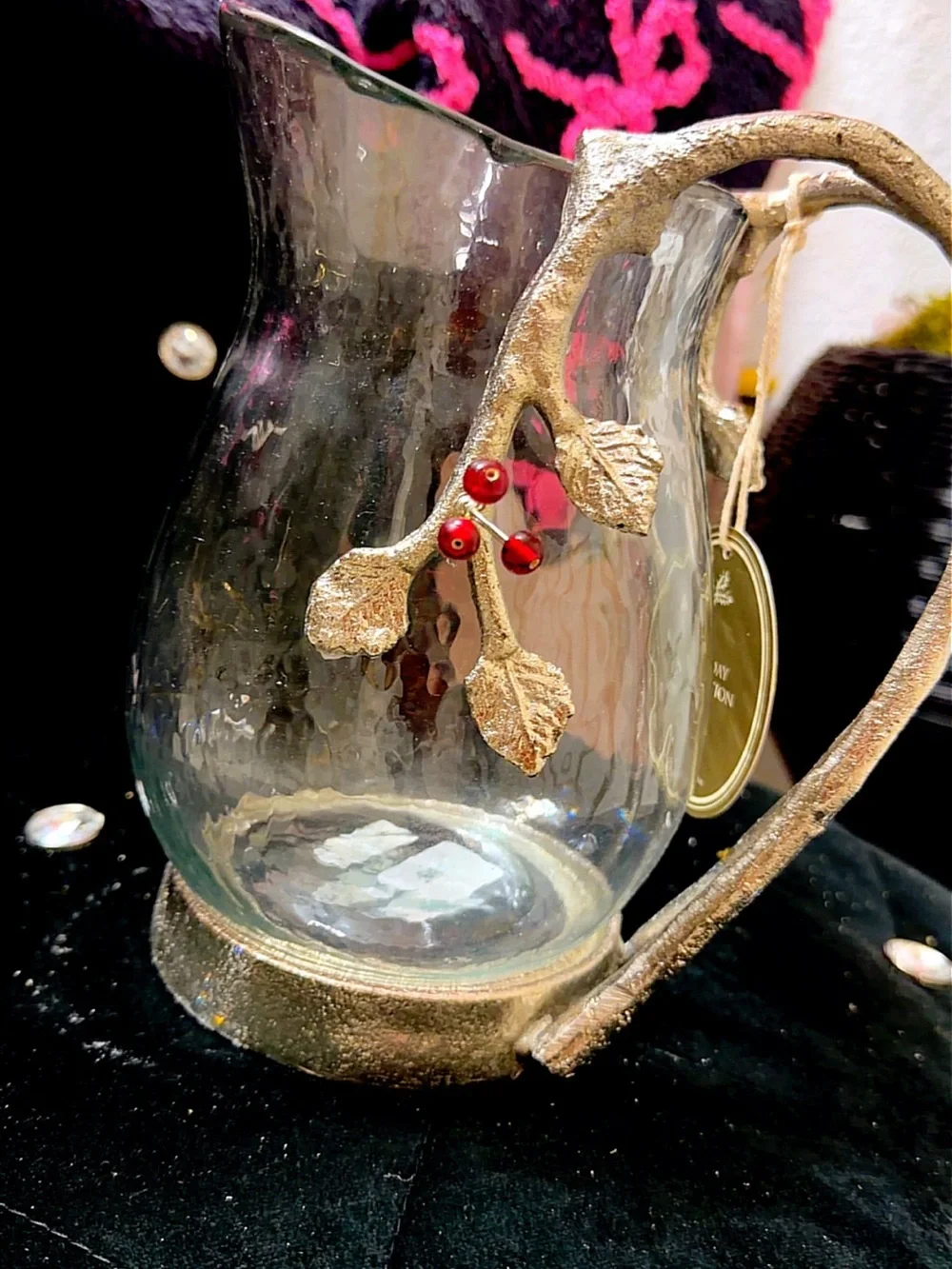 Glass Pitcher with Gold Leaf Handle and Red Berry Accents